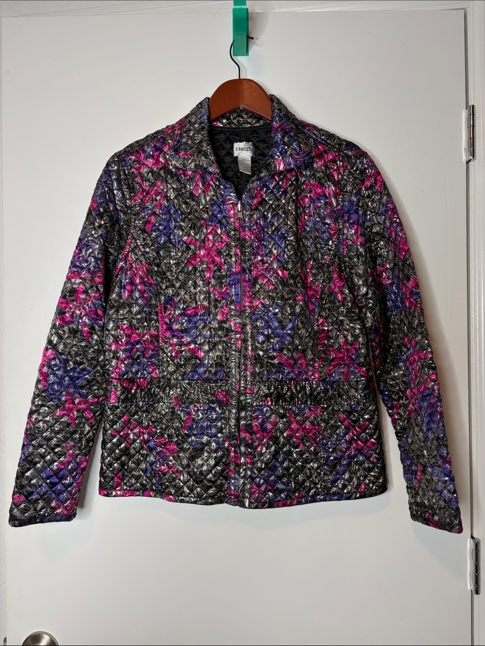 Chico's Quilted Idella Silver Multi-Colored Zip Jacket chicos size 2 / large